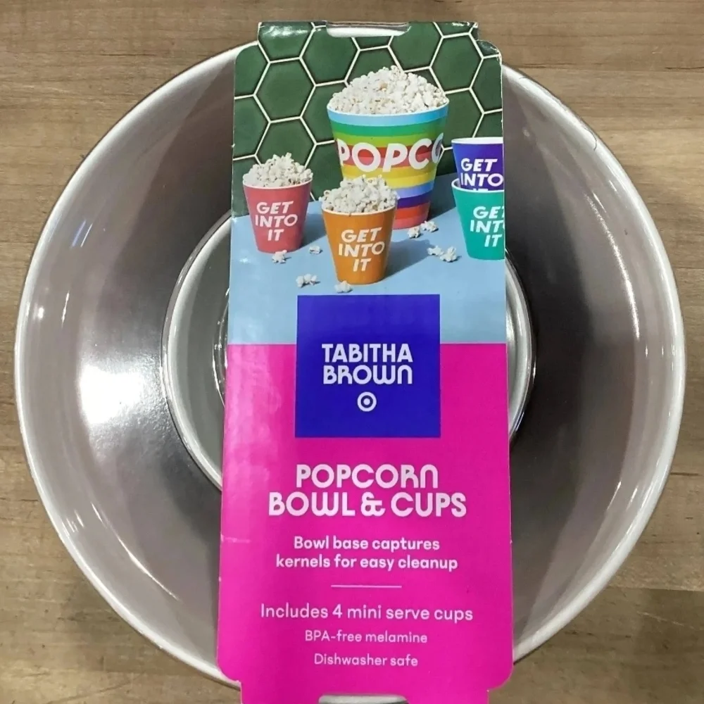 Popcorn Bowl & Cups Set By TABITHA BROWN Pink, Orange, Green, Blue